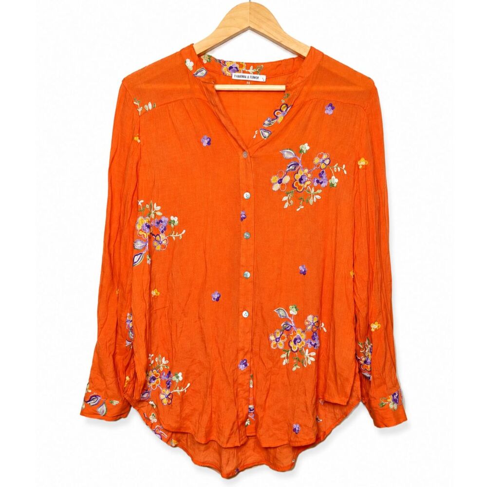 Figueroa & Flower Embroidered Boho Blouse L Orange Floral Button Front